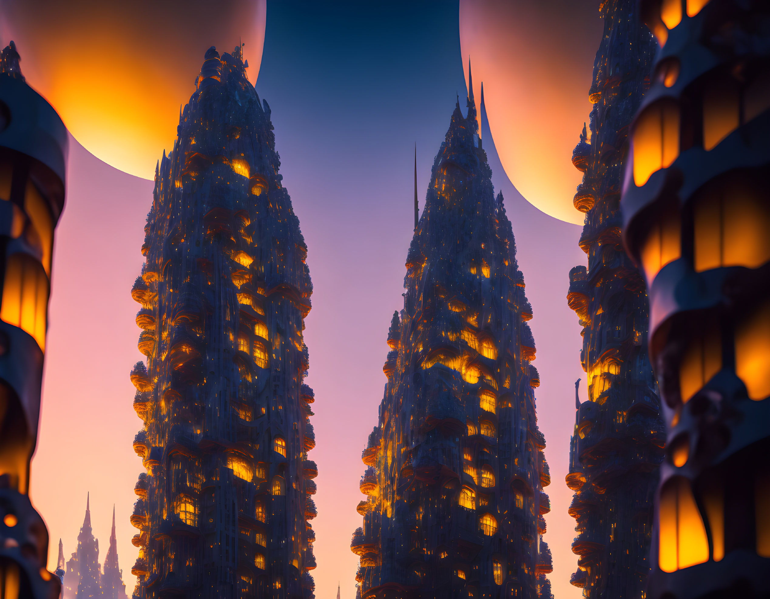 Futuristic cityscape with illuminated skyscrapers under twilight sky