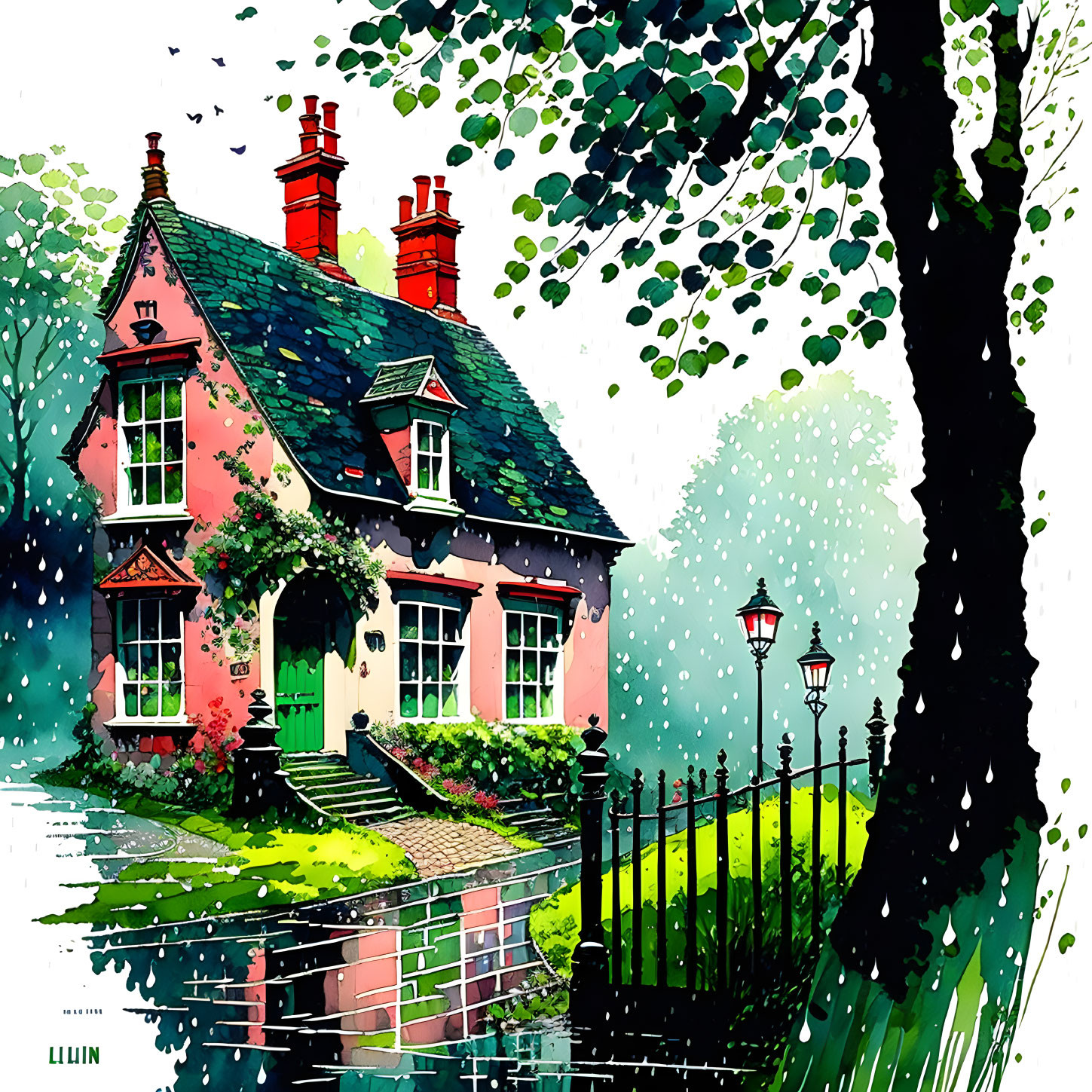 Colorful illustration of pink house with green door and red chimney surrounded by greenery and street lamp