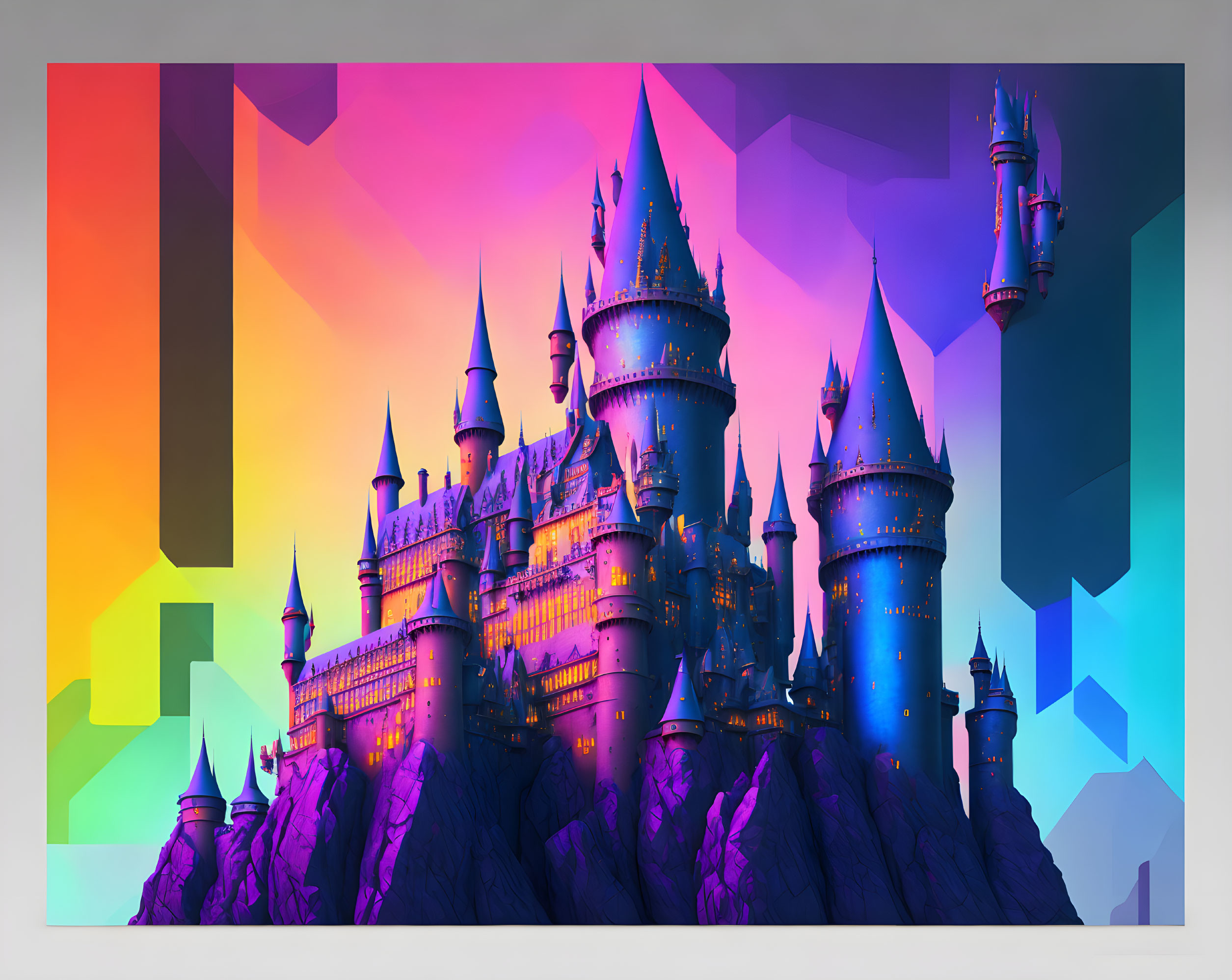 Fantastical castle with spires on vibrant, geometric background