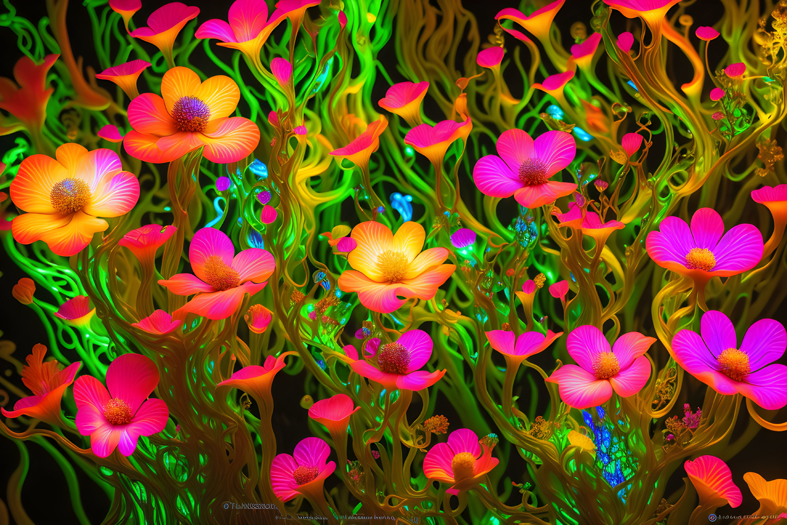 Neon Glowing Flowers in Luminous Garden Scene