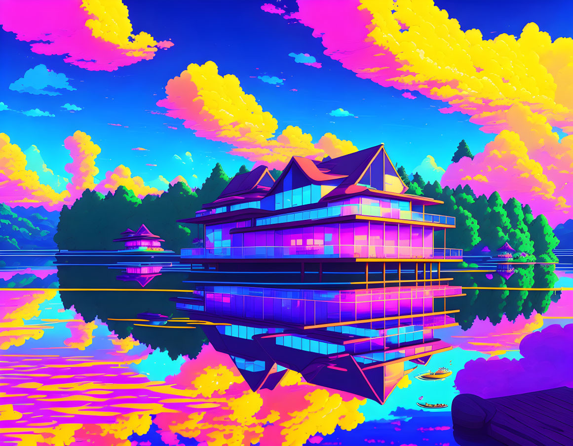 Futuristic house digital artwork on tranquil lake under purple sky