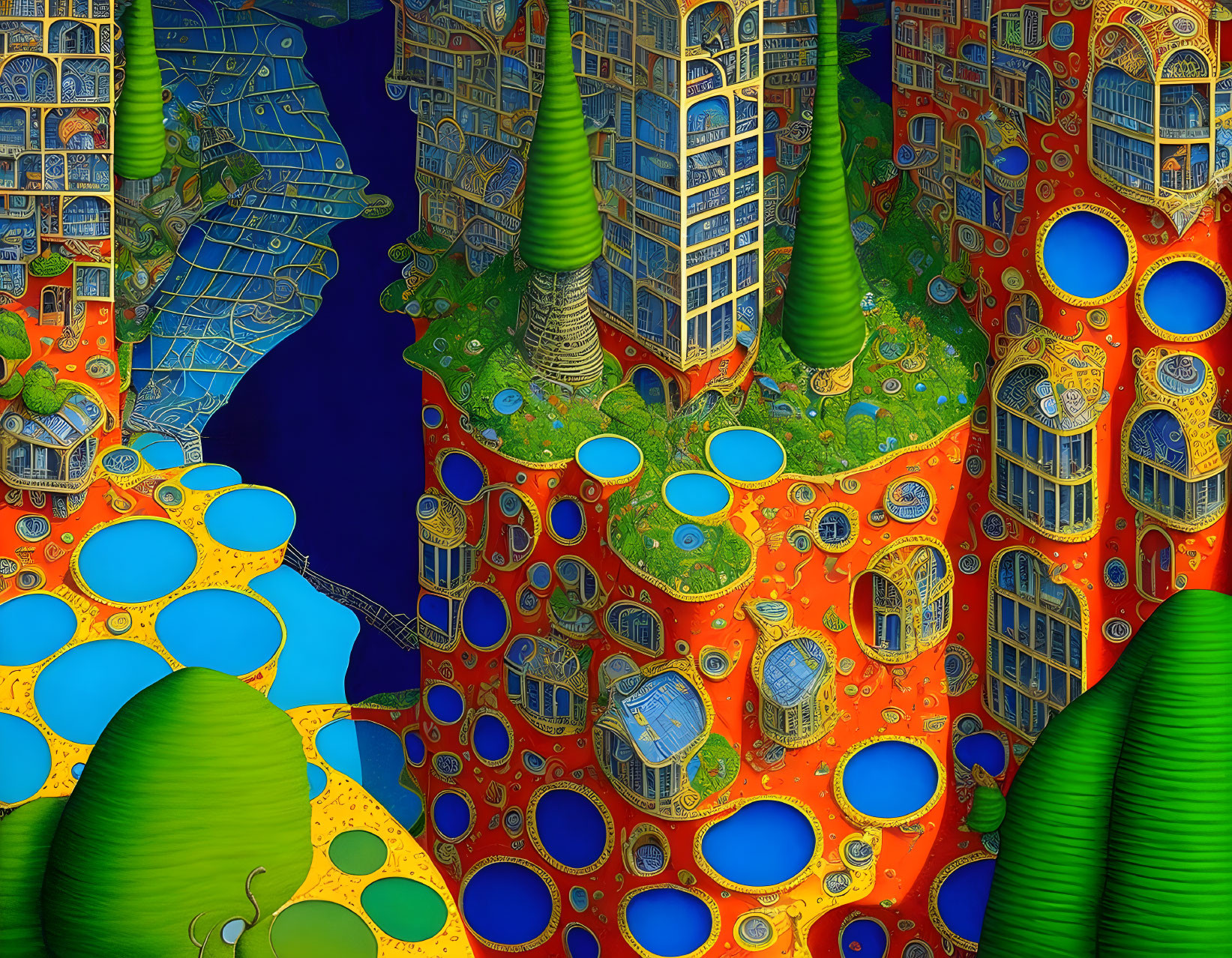 Colorful surreal artwork: structures, circular windows, green hills, blue water in intricate design