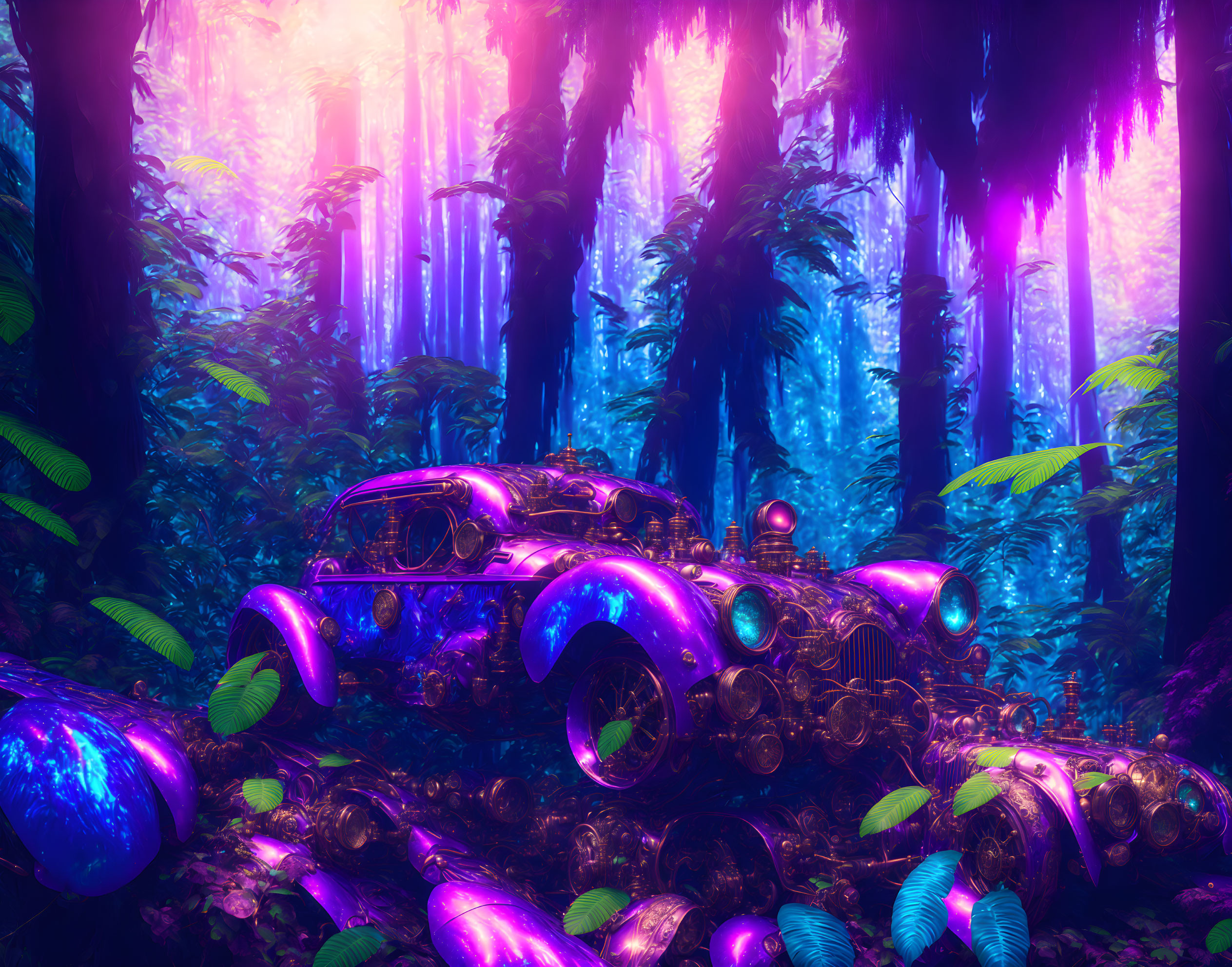 Neon-lit fantasy forest with futuristic car and vibrant colors