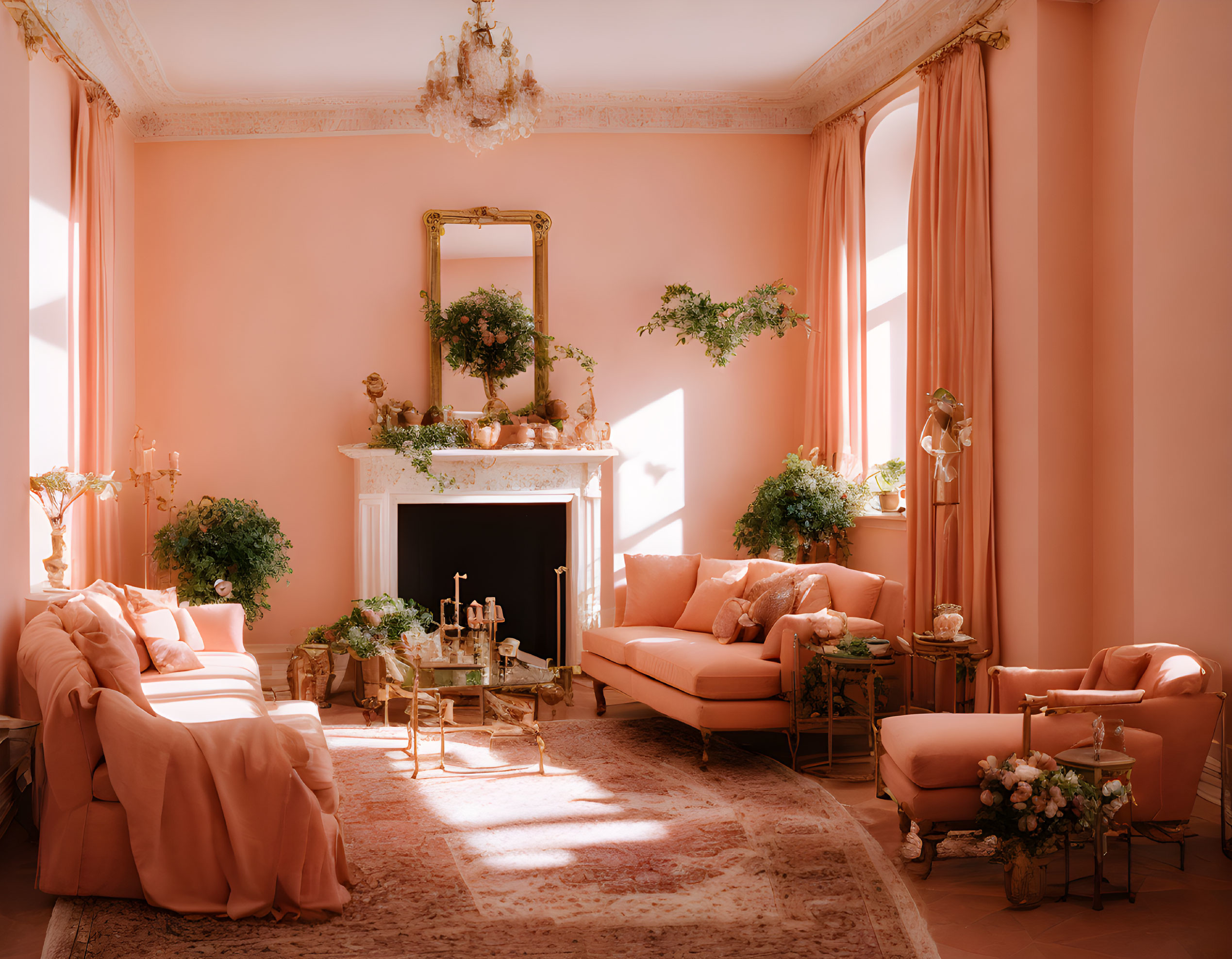 Pink-themed living room with plush sofas, fireplace, plants, gold accents, vintage furniture & chandelier