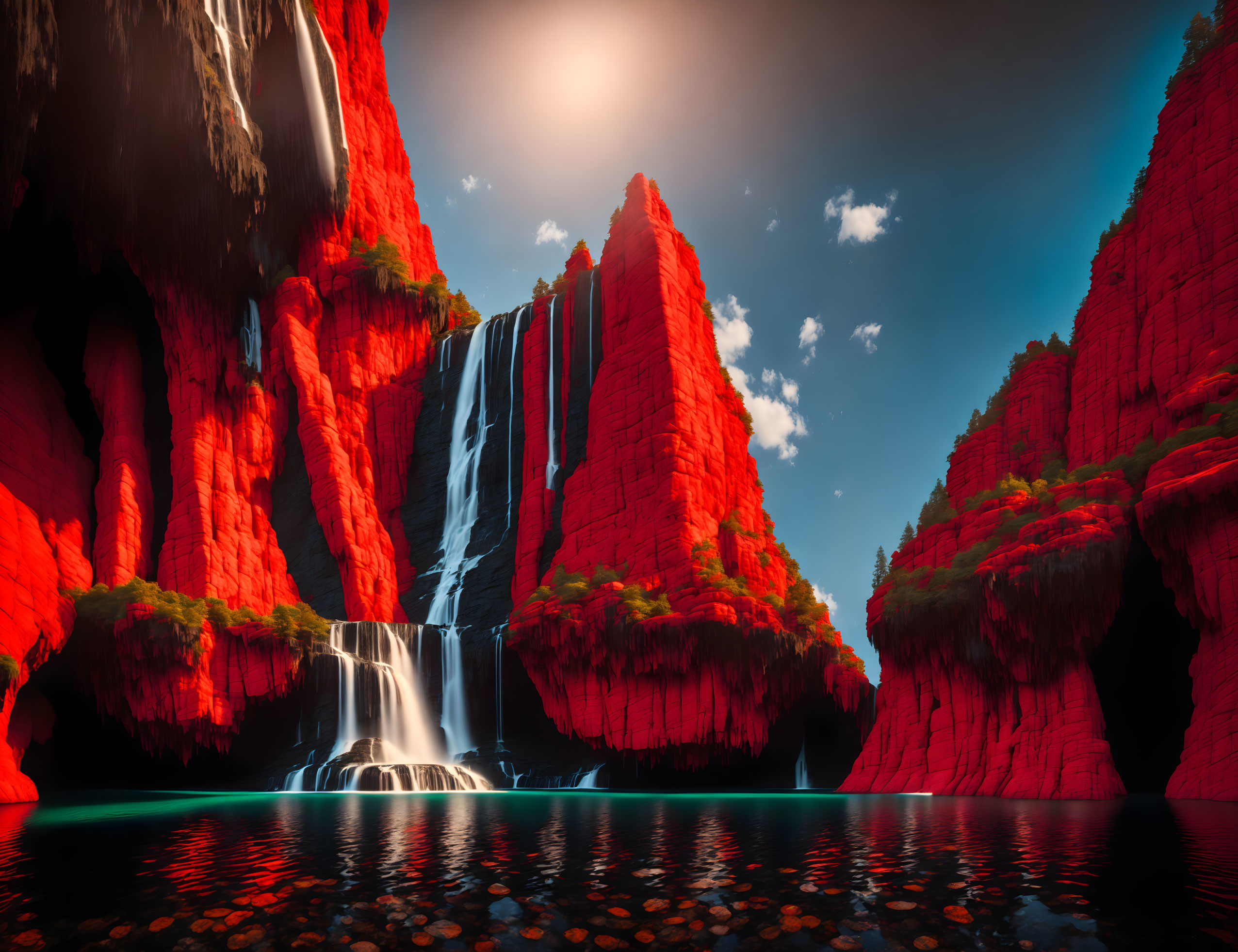 Vibrant digital artwork: Red cliffs, green foliage, waterfalls