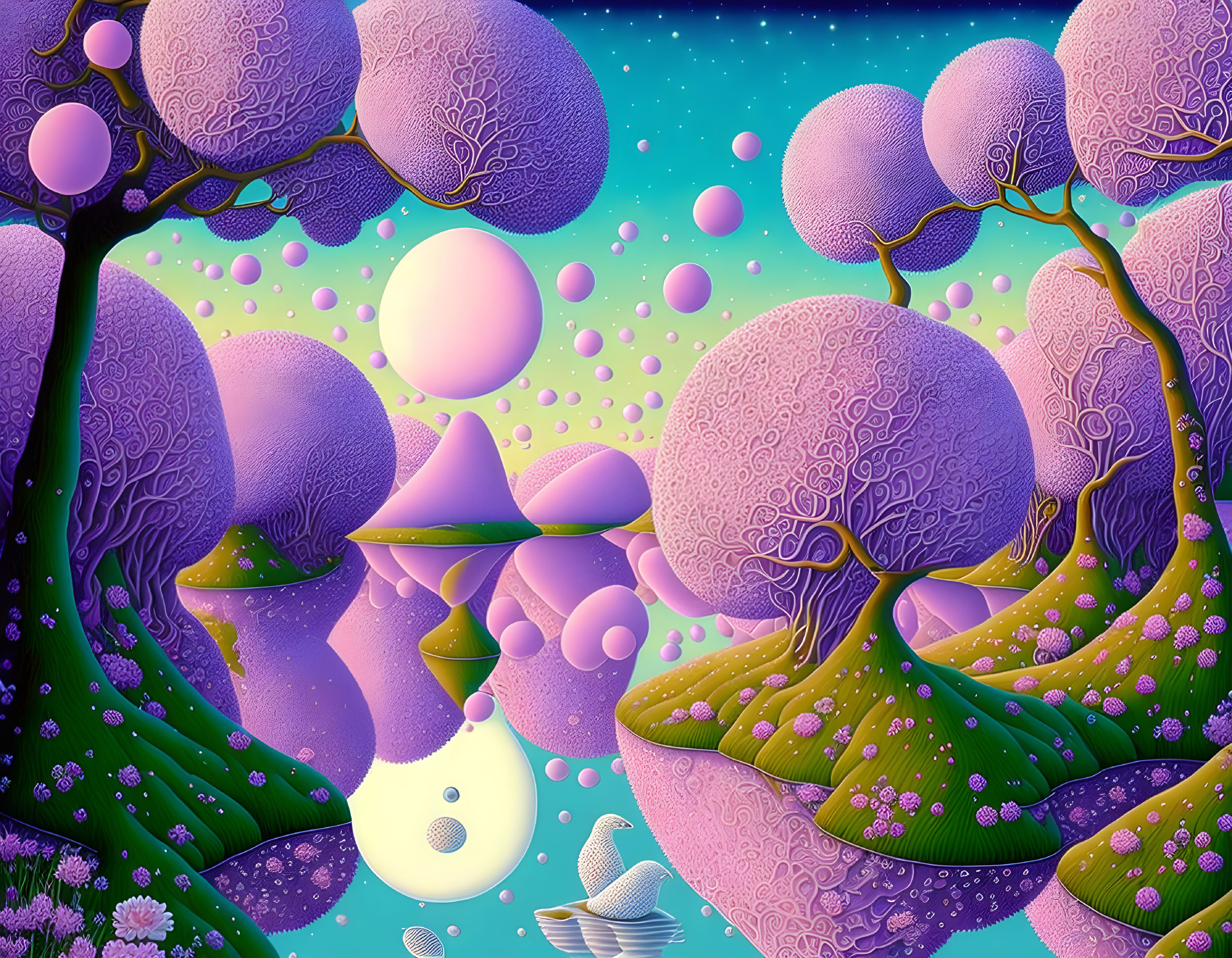 Colorful landscape with purple trees, pink spheres, water reflection, and starlit sky