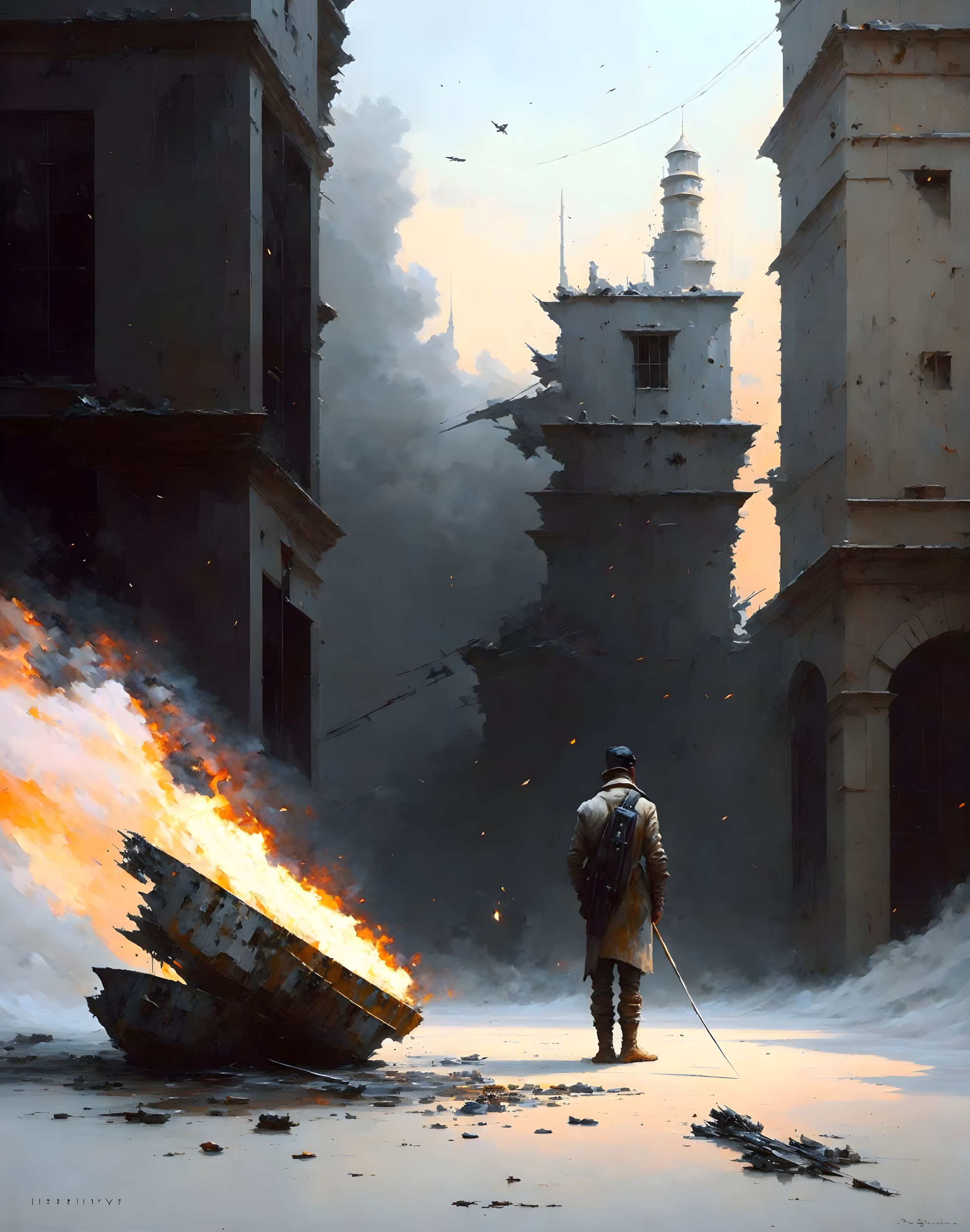 Solitary figure in war-torn cityscape with burning vehicle and damaged buildings