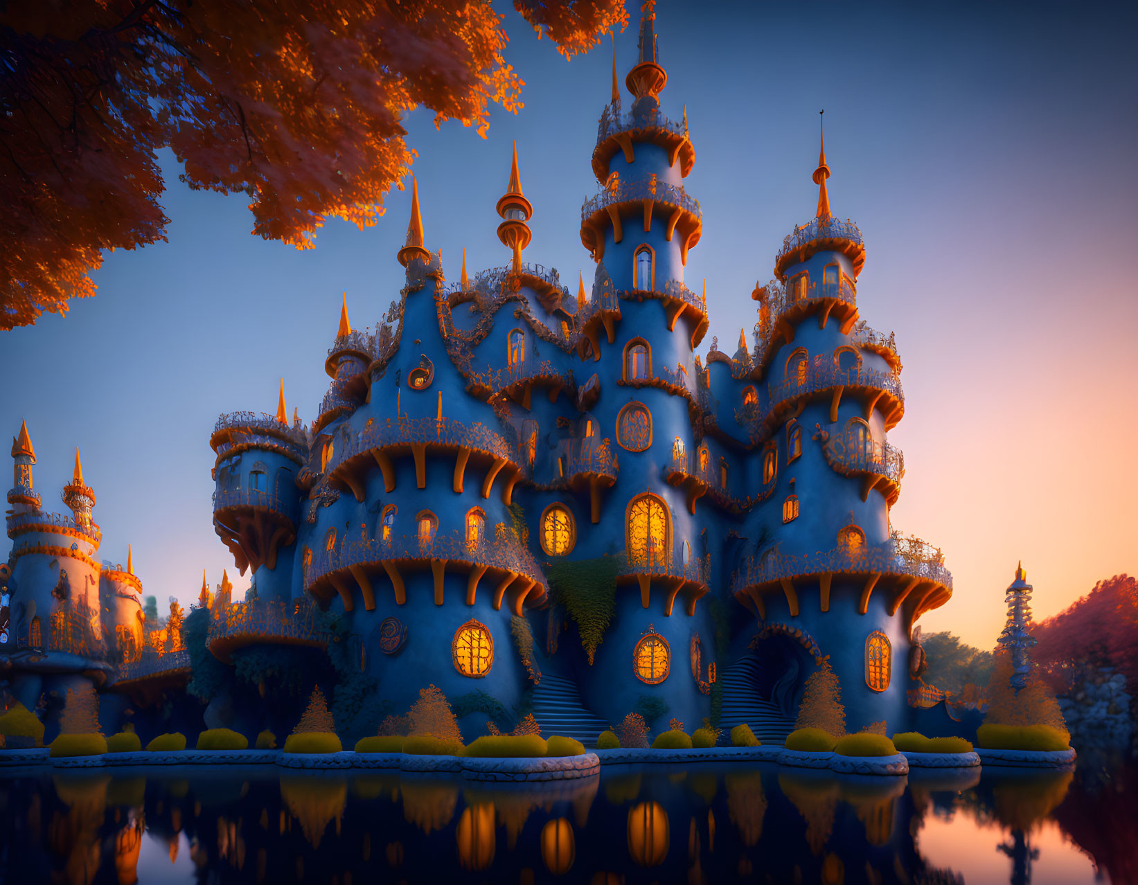 Enchanting fairy-tale castle by tranquil lake at twilight