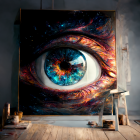 Canvas with cosmic eye and galaxy iris on wall with decorative items below
