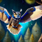 Majestic owl with blue patterned wings in mystical forest