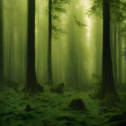 Misty forest with tall trees and lush green ferns