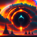 Sci-fi landscape with black hole, energy beams, spires, and orange nebulous sky