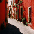 Vibrant red walls and green plants in narrow cobbled street