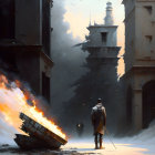 Solitary figure in war-torn cityscape with burning vehicle and damaged buildings