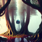 Surreal forest with towering trees, misty backdrop, and eerie alien-like mask.