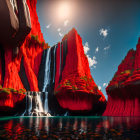 Vibrant digital artwork: Red cliffs, green foliage, waterfalls