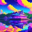 Futuristic house digital artwork on tranquil lake under purple sky