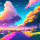 Colorful Digital Artwork: Idyllic Countryside Road at Sunset