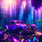 Neon-lit fantasy forest with futuristic car and vibrant colors