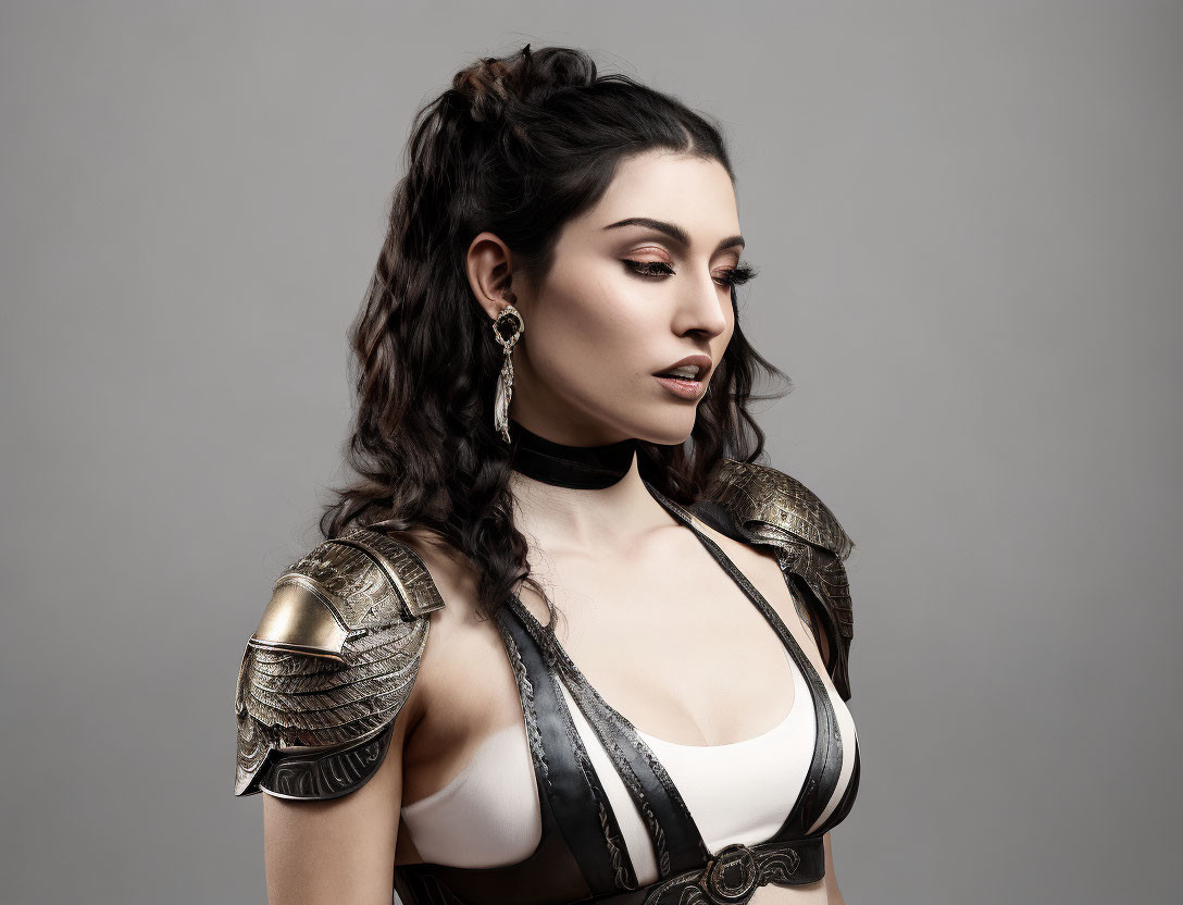Warrior-inspired outfit with shoulder armor and choker on woman against grey backdrop