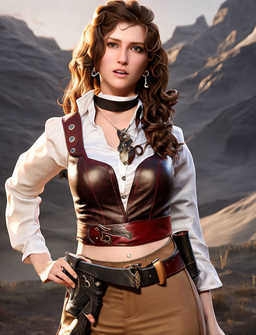 Western-inspired Woman in White Shirt and Brown Corset Artwork