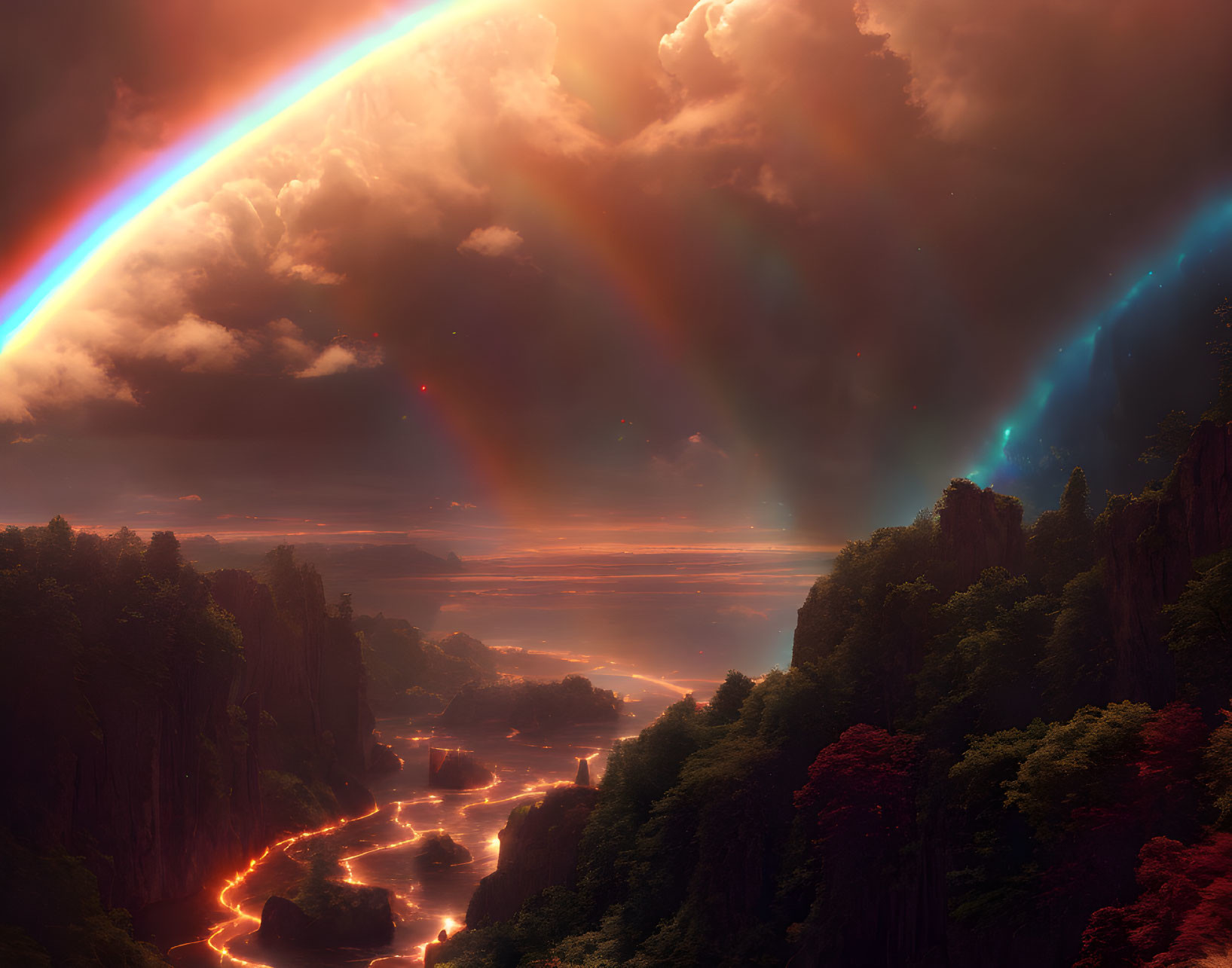 Vivid rainbow over fiery river in surreal landscape