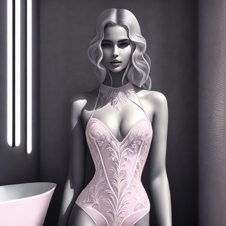 3D rendered image of woman with wavy hair in pink corset against dark background