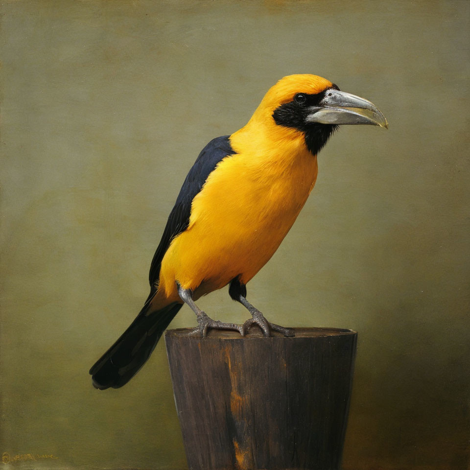 Yellow and Black Bird with Large Beak on Wooden Stump Against Muted Background