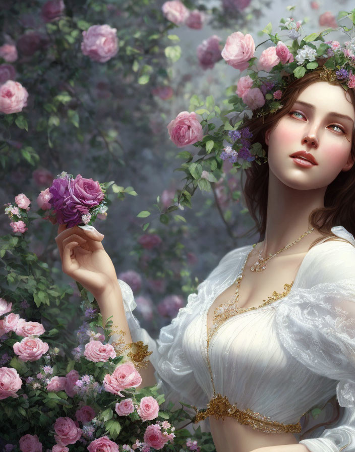 Digital artwork: Woman in floral headpiece, white gown, holding purple rose, in rose garden