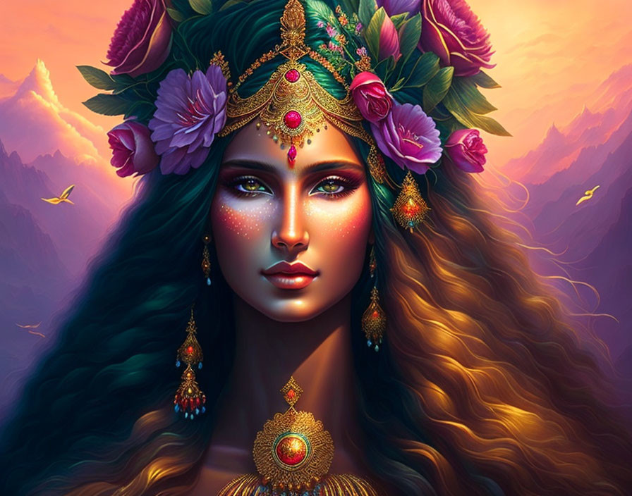 Illustrated woman with green skin and elaborate headpiece in twilight sky