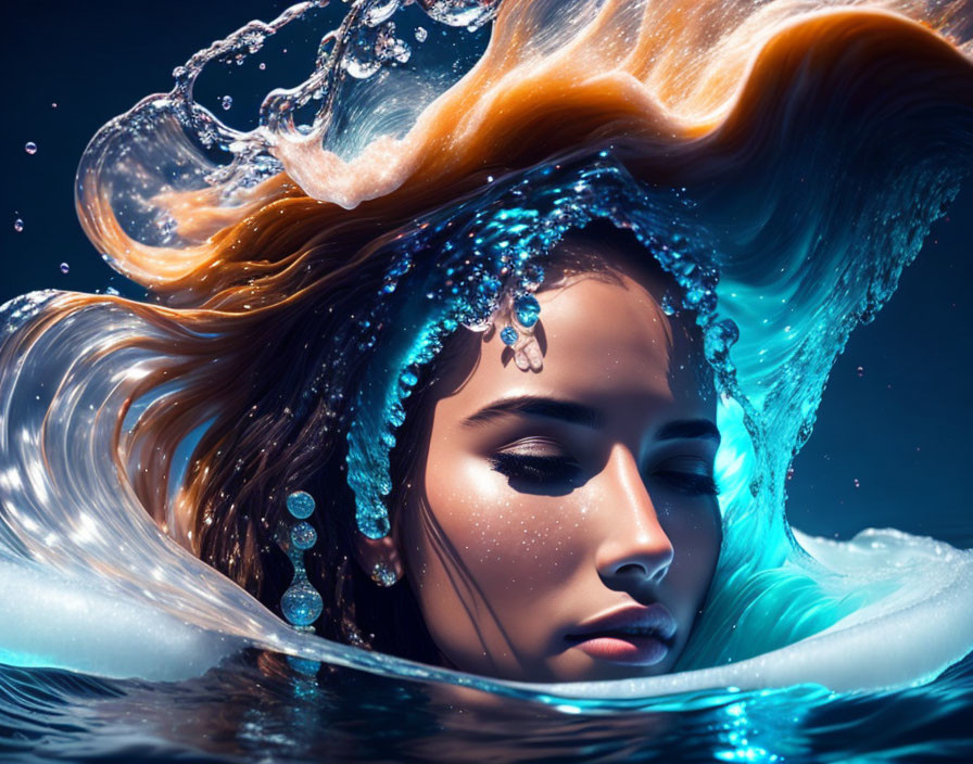 Woman with Flowing Hair Submerged in Water Amid Dynamic Splashes