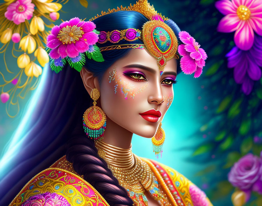 Colorful Illustration of Woman with Blue Hair and Floral Adornments