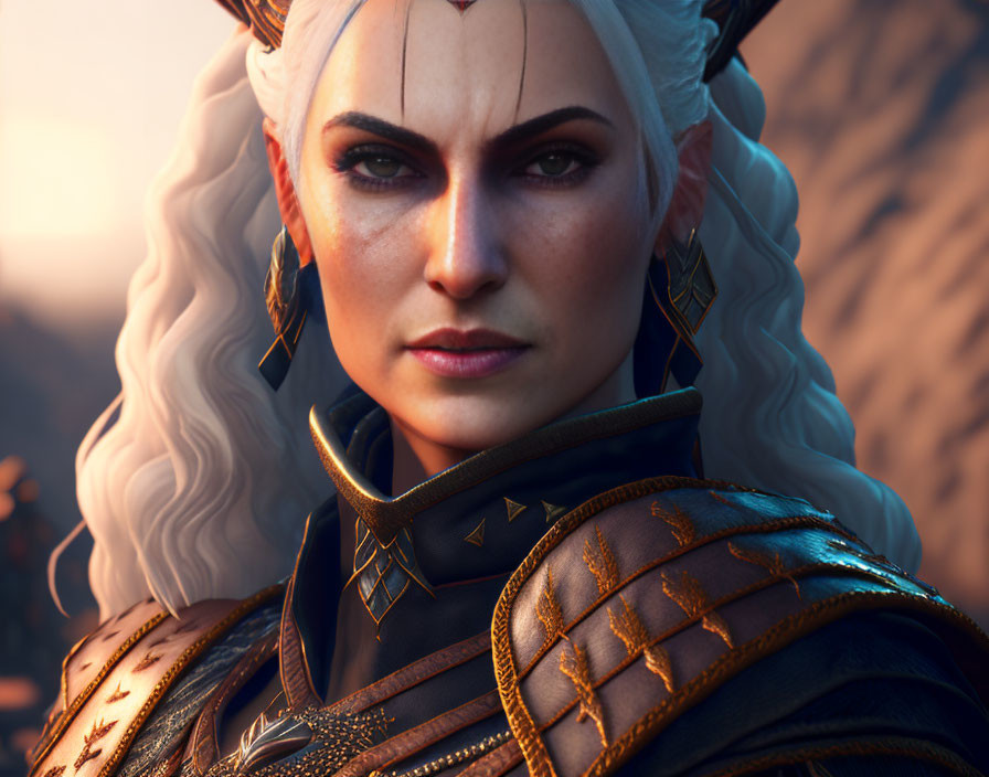 Fantasy character with white hair and golden armor against dusky sky