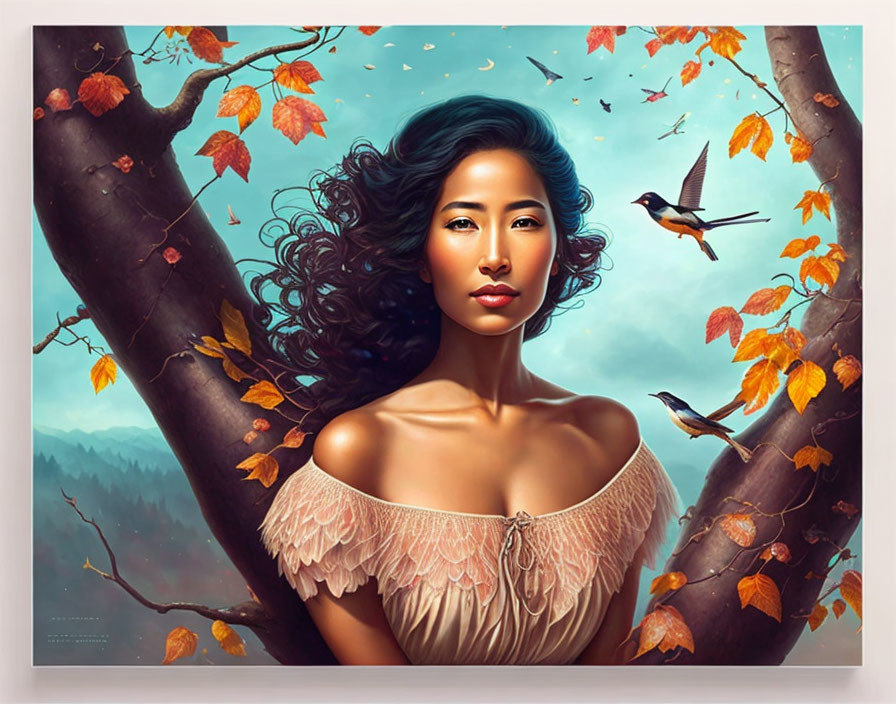 Digital artwork: Woman with flowing hair, autumn leaves, and bird in serene setting