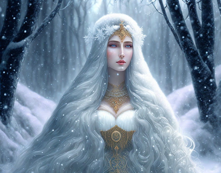Ethereal female figure with white hair and golden jewelry in snowy forest.