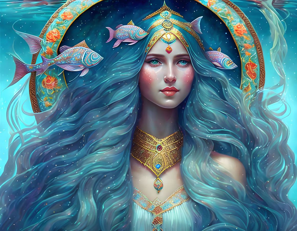 Ethereal woman with blue hair and aquatic-themed jewelry surrounded by stylized fish