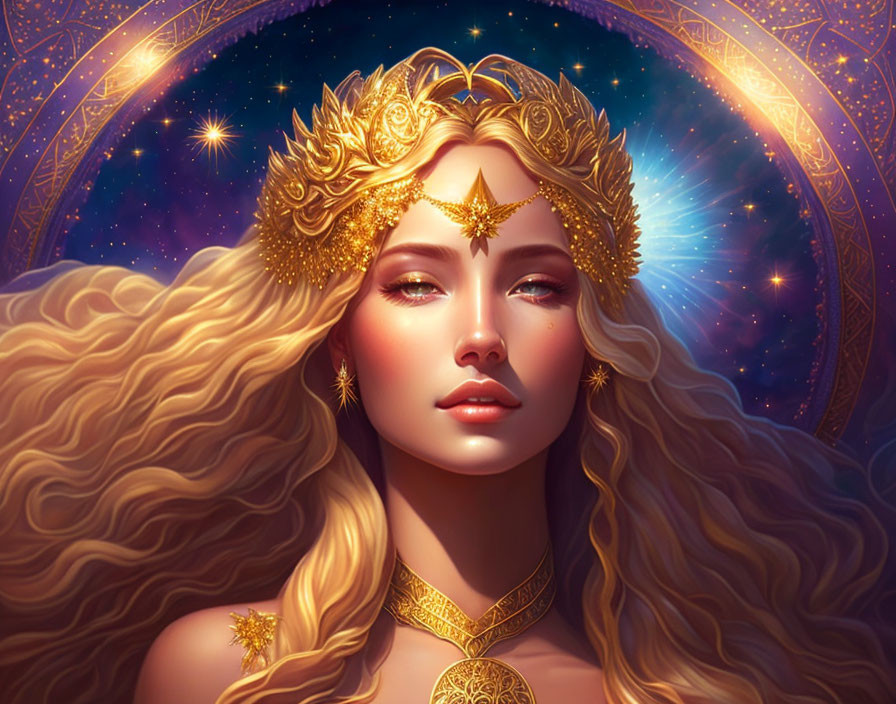 Regal woman with long golden hair and star-filled aura.