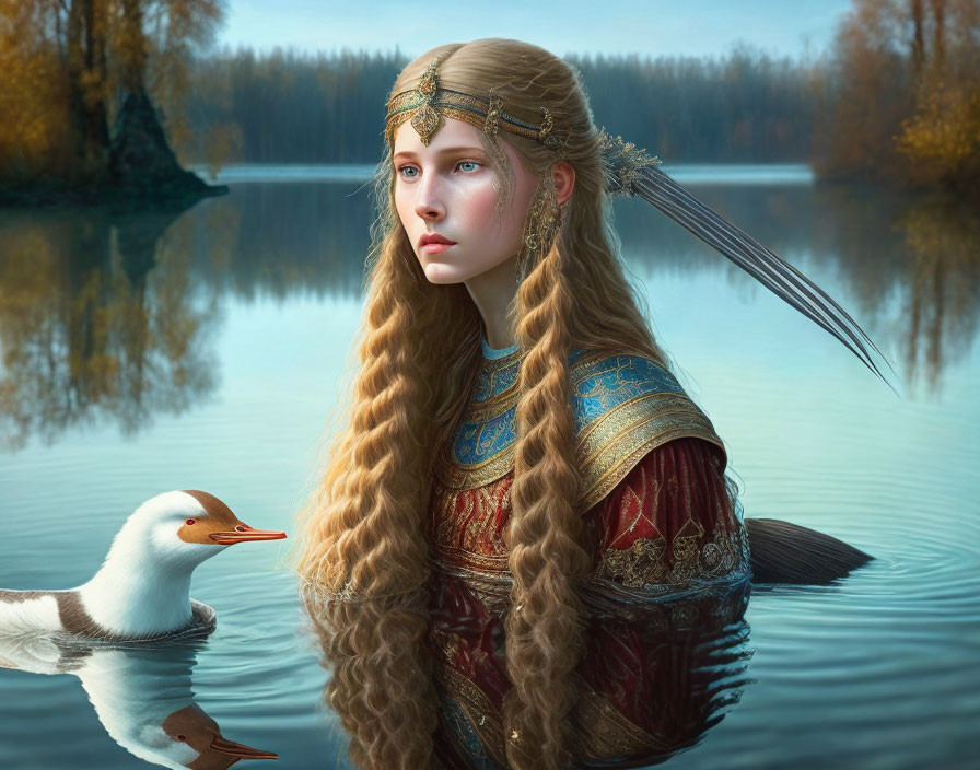 Woman with braided hair and golden headpiece by lake watching duck