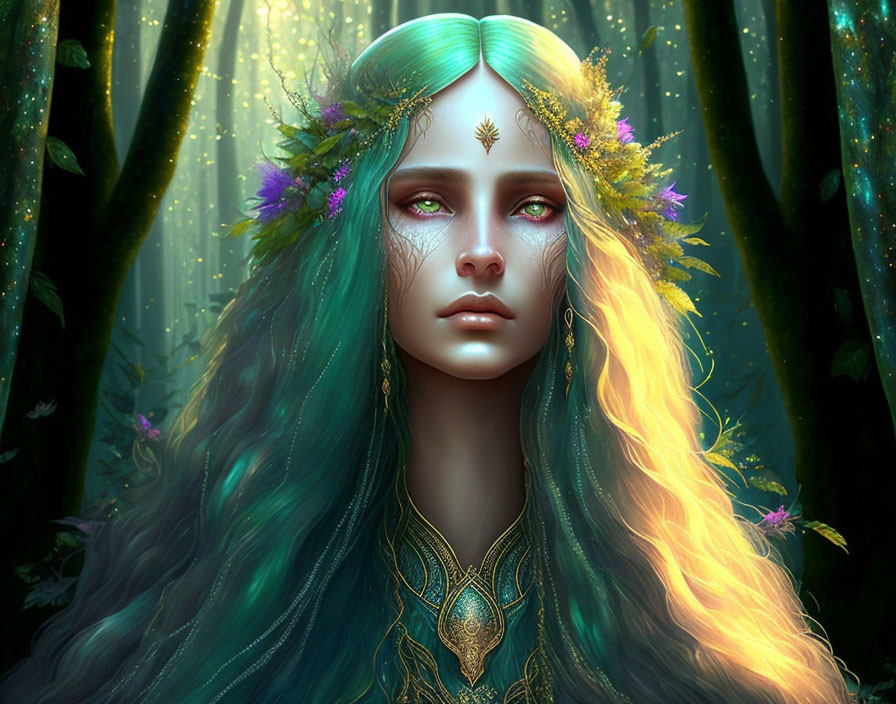 Fantasy female figure with flowing hair and floral jewelry
