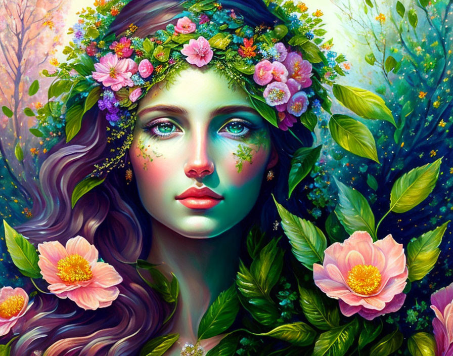 Colorful Woman with Floral Wreath Surrounded by Nature