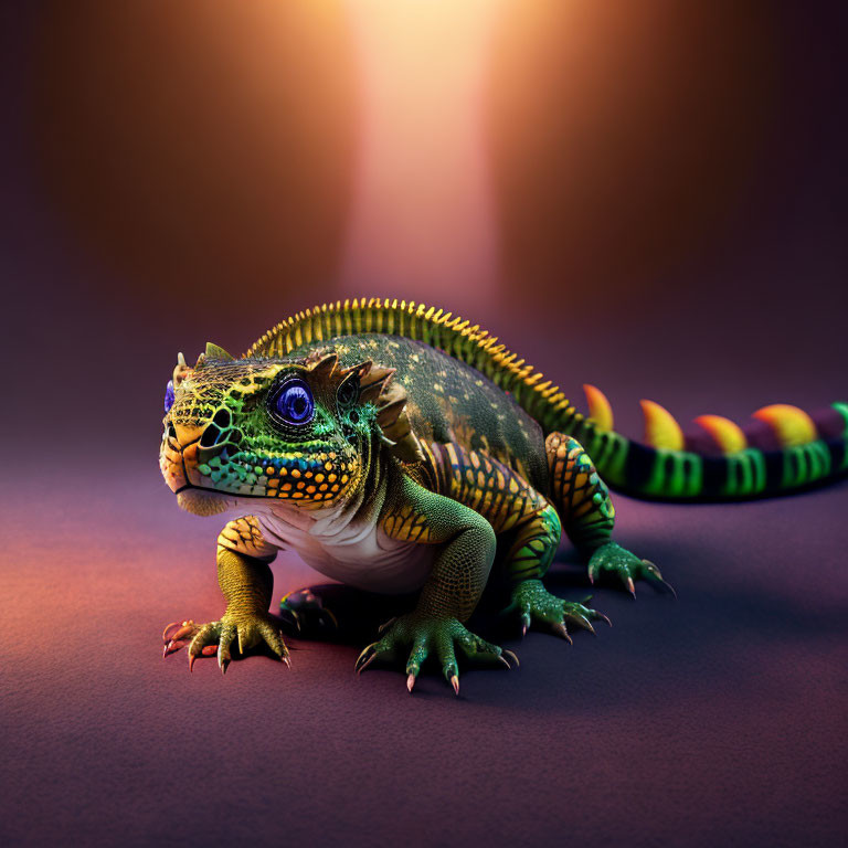 Colorful lizard with green, yellow, and orange scales in warm light on purple background