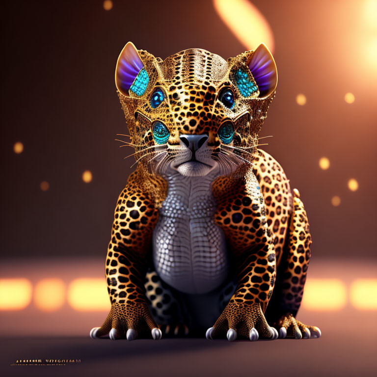 Detailed 3D rendering of leopard with vibrant blue eyes on warm amber background