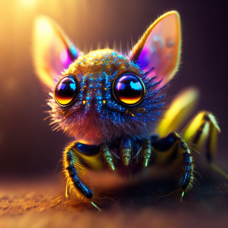 Colorful Fantasy Insect with Sparkling Blue Fur and Pink Ears