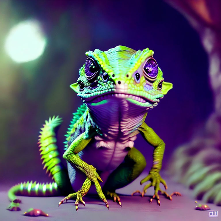 Colorful digital artwork: whimsical lizard-humanoid creature with green scales and large eyes