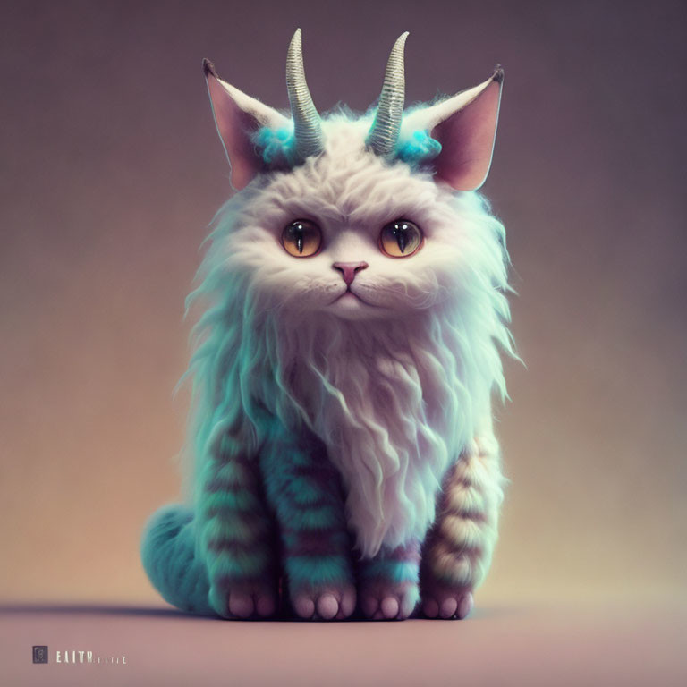 White Long-Haired Cat with Large Eyes and Turquoise Horns