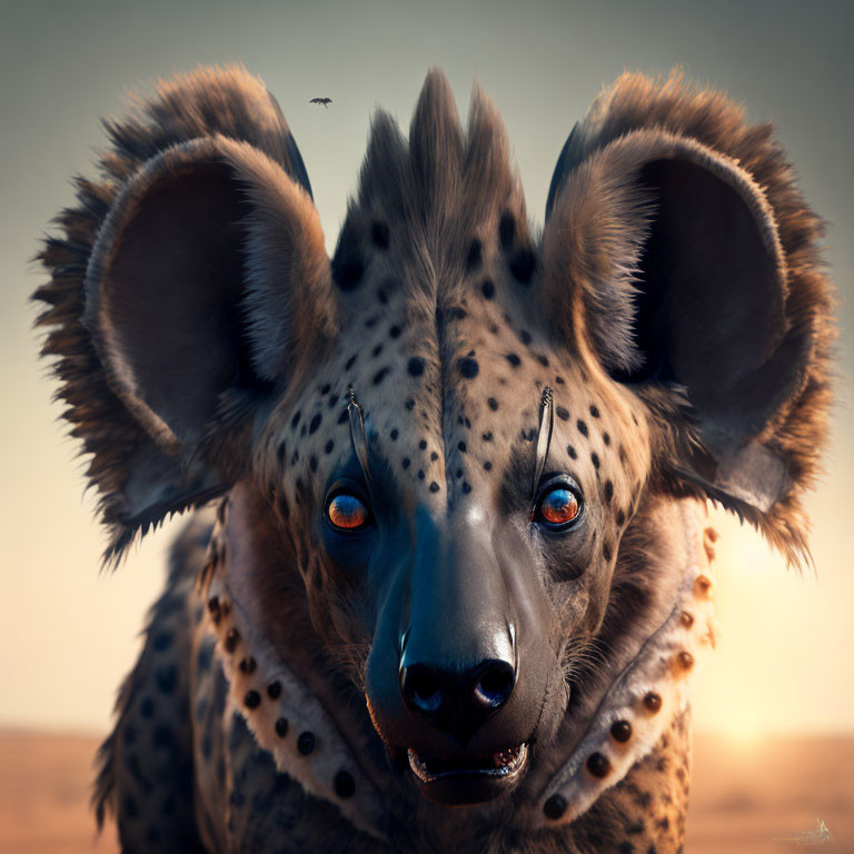 Hyena-human hybrid digital art with blue eyes and facial markings