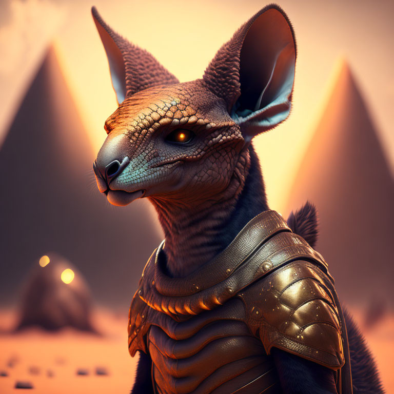 Digital artwork: humanoid feline creature in golden armor with pyramids and orange sky.