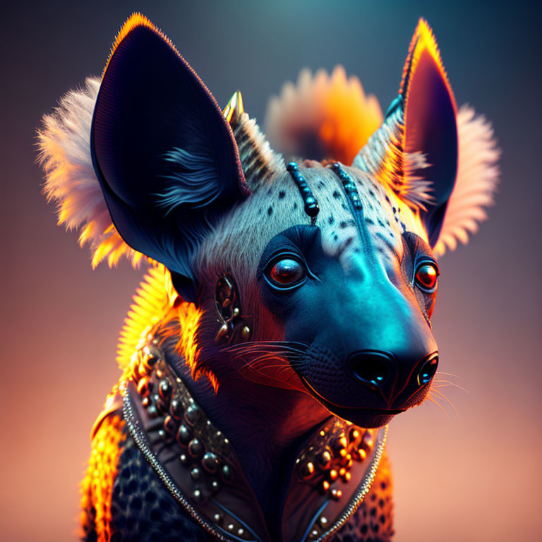 Colorful anthropomorphic creature with tribal jewelry in dynamic lighting