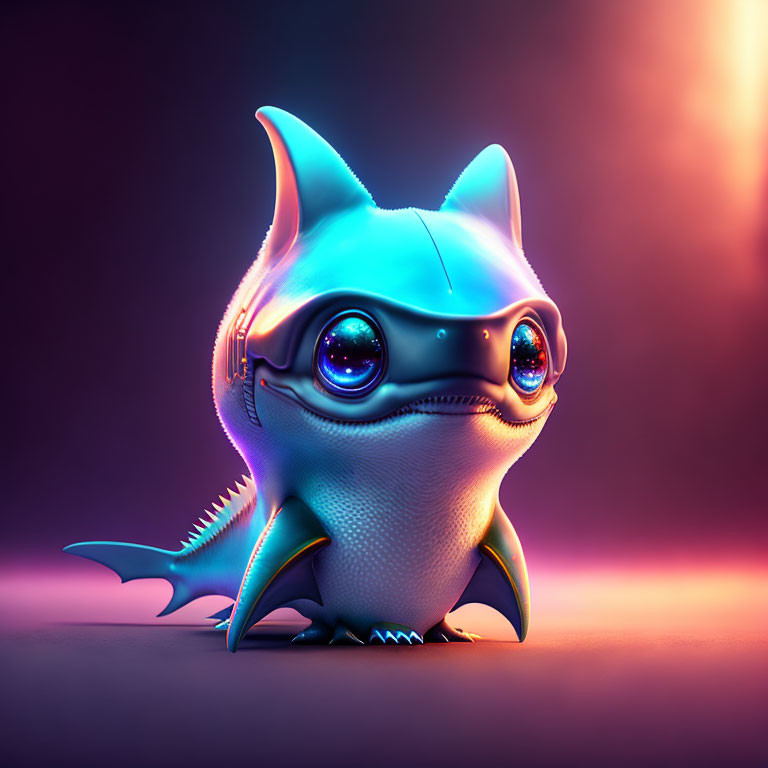 Stylized 3D illustration of cute creature with blue skin and dragon-like wings
