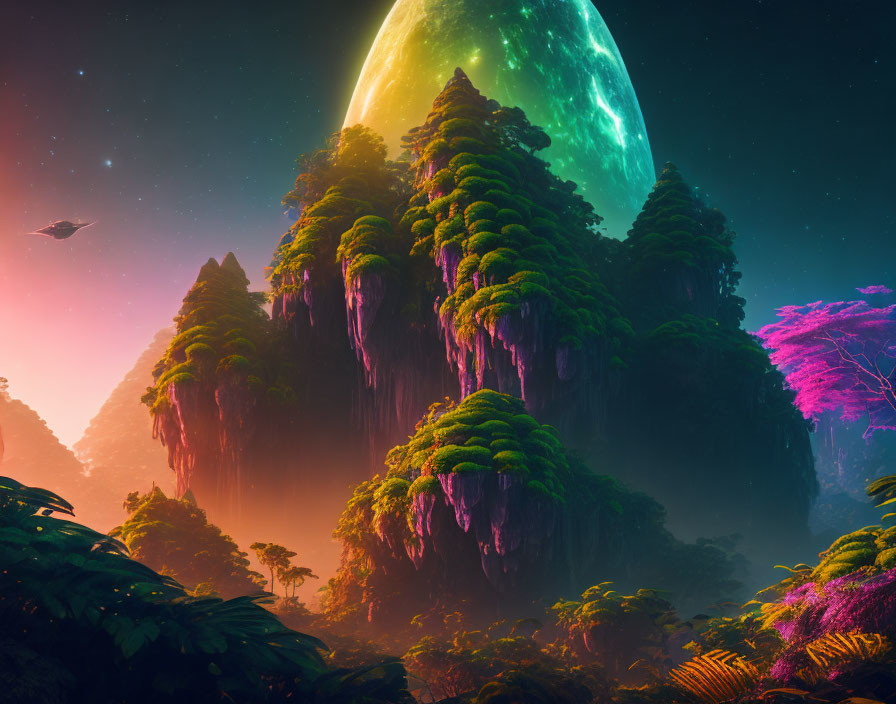 Alien jungle with towering trees under giant green moon, mystic pink and blue light, spaceship in